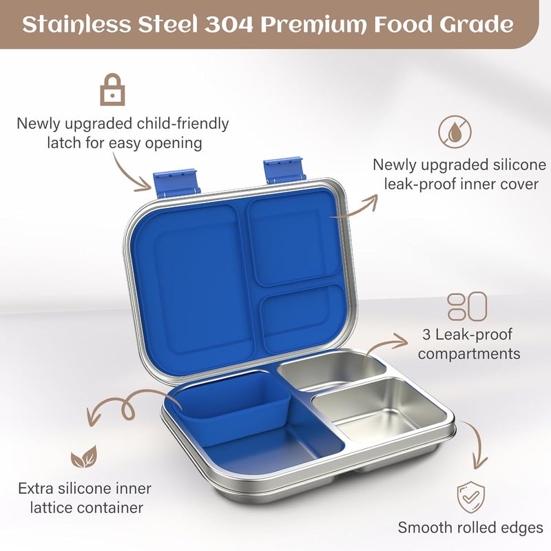 BABHAMNESS Stainless Steel Bento Box Kids, 3 Compartments Leak Proof Metal Bento Lunch Box, 304 Stainless Steel Bento Lunch Containers for School and Office,Dishwasher Safe, BPA-Free-Blue - Image 3